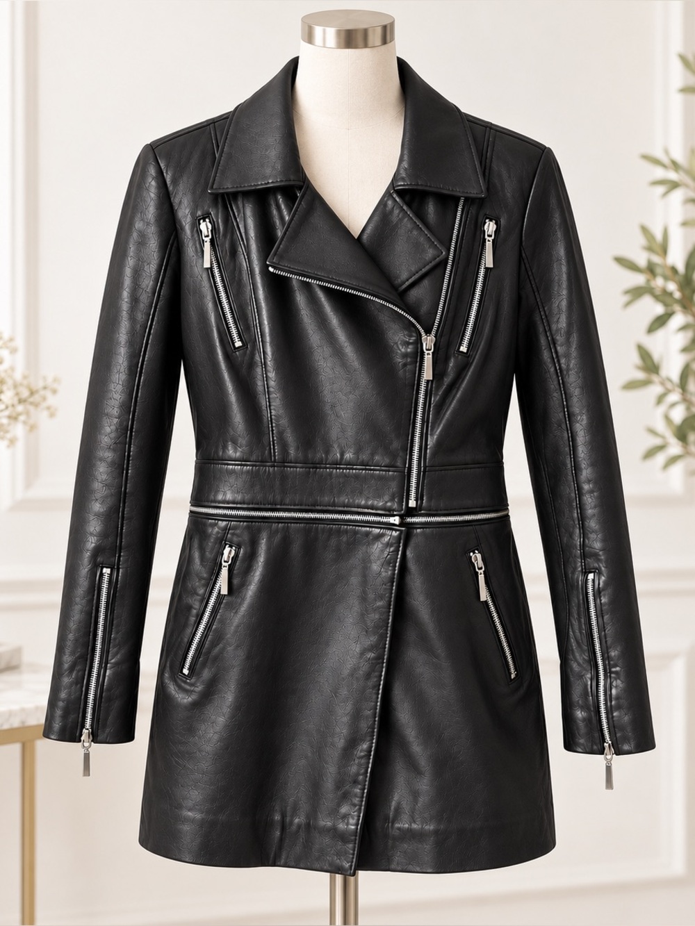 Yesimel Genuine Leather Fitted Longline Moto Biker Jacket Black XL